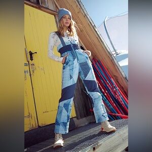 Free People Movement All Prepped Bib Overalls Indigo Patch Combo Patchwork NWOT